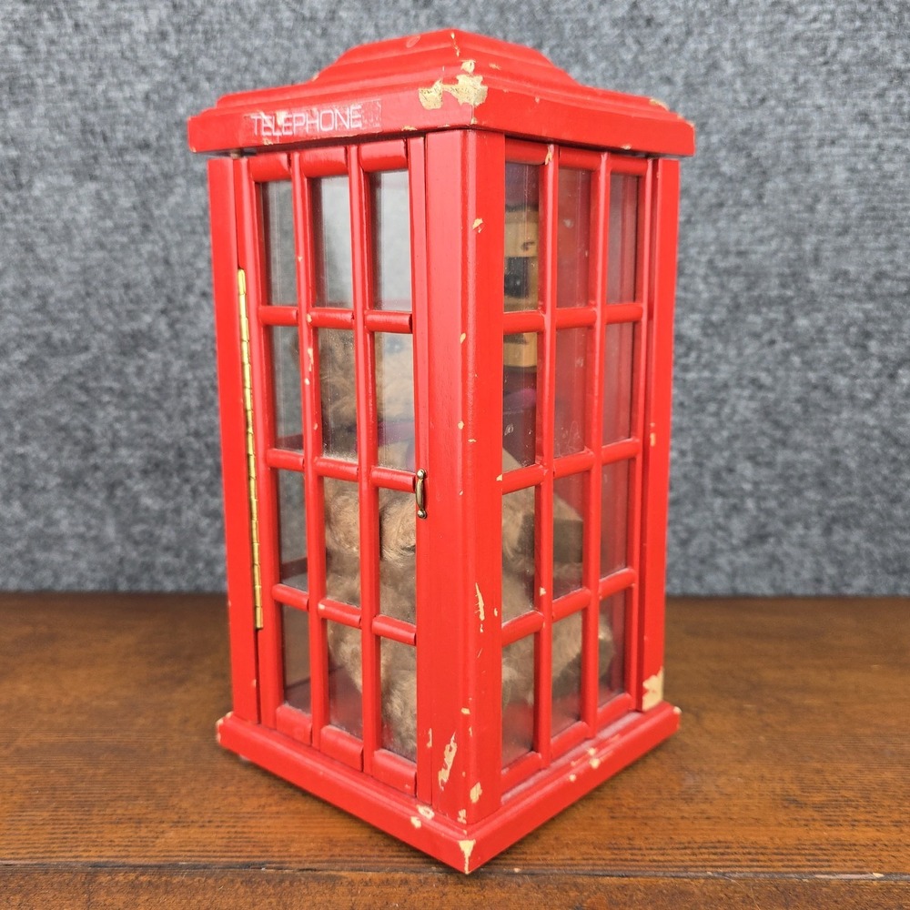 Russ Victorian Memories Mohair Bear in Red Phone Booth Poseable w/ Tag 9" Tall‎